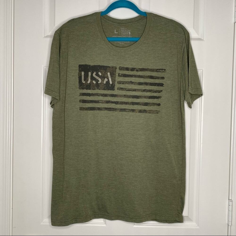AMERICAN LAKES & TIMBER USA American Flag Tee Shirt in Army Green Size Large